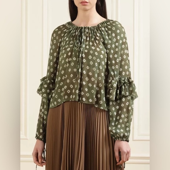 Brand New and Rare POLO Ralph Lauren Geo Print Ruffle Blouse in Olive - Picture 1 of 10